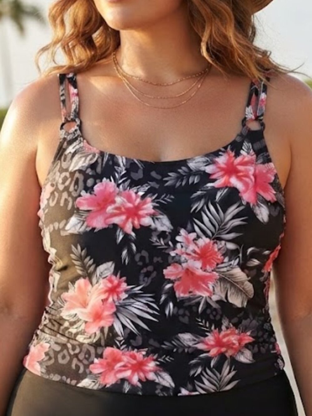 Christina Floral Tankini Swimsuit Top Black Pink Tropical Size 16